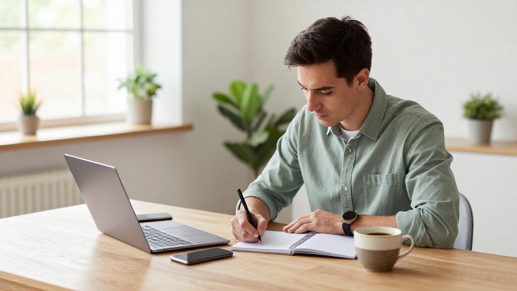 Joven sentado en un escritorio luminoso organizando sus finanzas mientras escribe en un cuaderno.