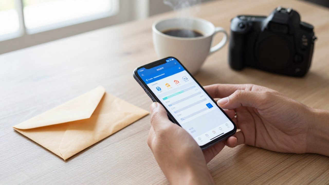 Manos operando una aplicación de finanzas en un smartphone junto a un sobre de papel vacío sobre una mesa de madera, simbolizando la transición del método de ahorro físico al digital.