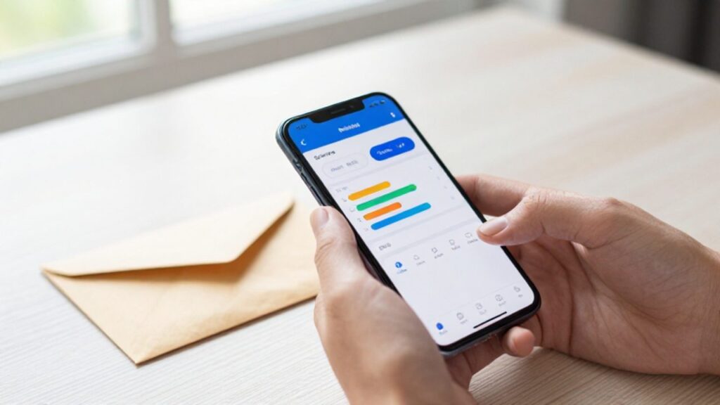 Manos utilizando un smartphone que muestra categorías de presupuesto digital junto a un sobre de papel tradicional sobre un escritorio de madera.