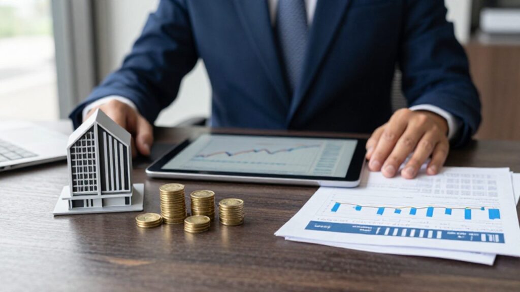 Variedad de activos de inversión, como monedas de oro, una maqueta inmobiliaria y gráficos de crecimiento en una tableta, dispuestos sobre un escritorio de madera.