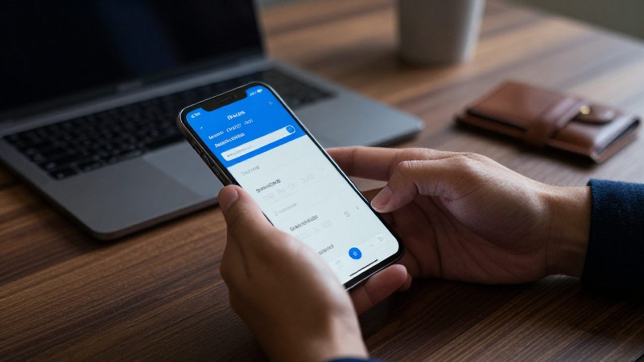 Manos de una persona utilizando una aplicación bancaria en un smartphone para gestionar una tarjeta de crédito sobre un escritorio.