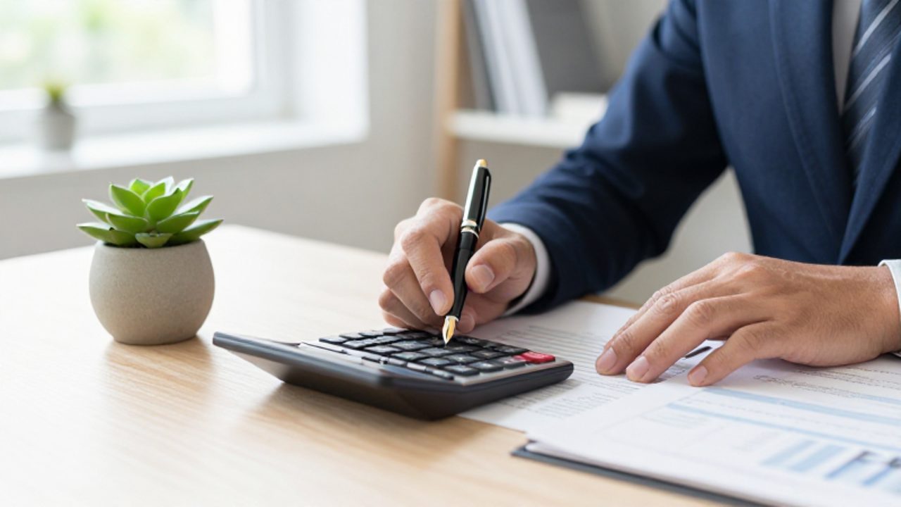 Manos realizando cálculos financieros con una calculadora y bolígrafo sobre documentos organizados en un escritorio de madera con una pequeña planta junto a ellos.