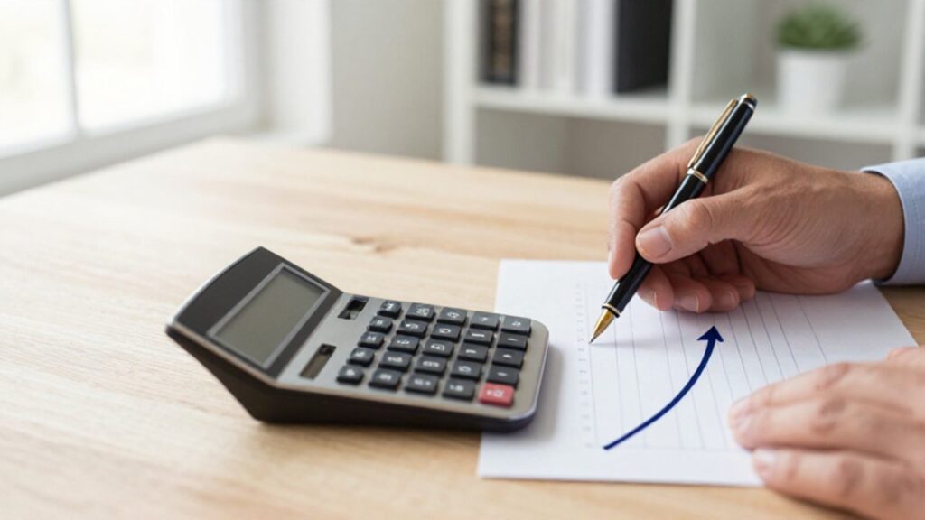 Manos de un profesional utilizando una calculadora y un bolígrafo sobre un escritorio para trazar una gráfica con una curva ascendente que representa el crecimiento del interés compuesto.