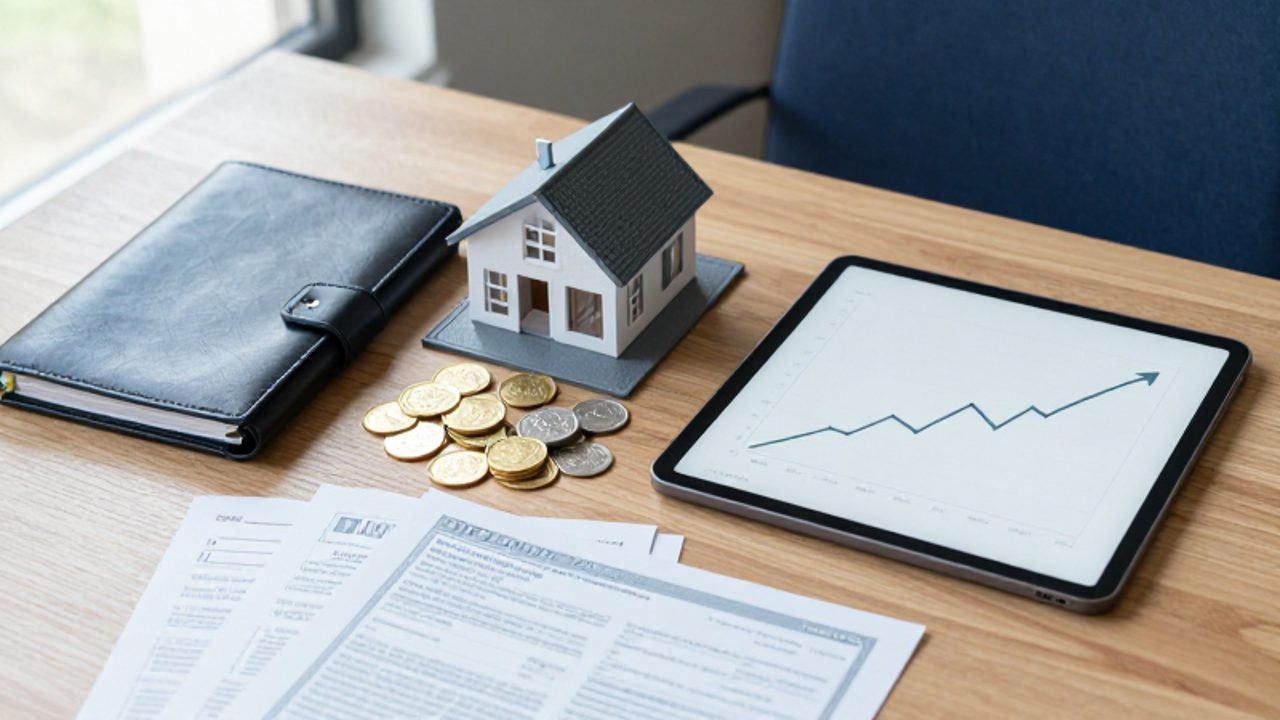 Diversos activos financieros sobre un escritorio, incluyendo una maqueta de una casa, monedas de oro, certificados de bonos y una tableta con un gráfico de crecimiento.