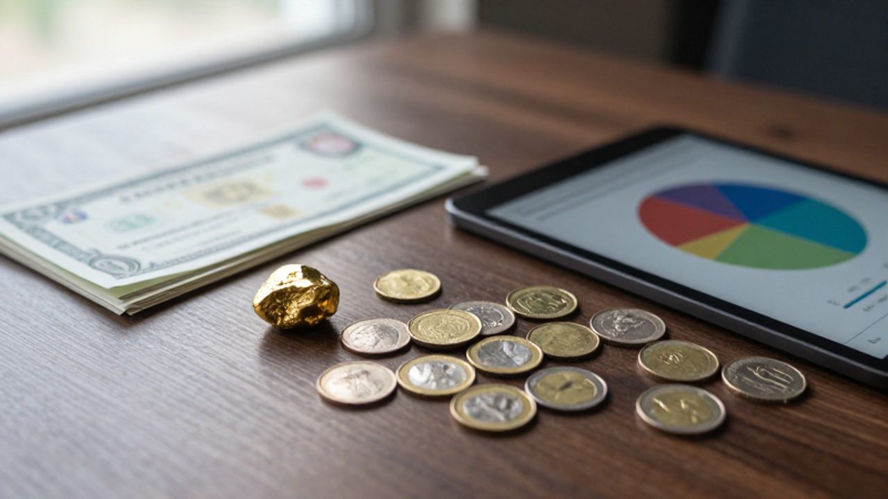 Objetos que representan diferentes tipos de activos, como oro, monedas y certificados, junto a una tableta con un gráfico circular sobre un escritorio de madera.