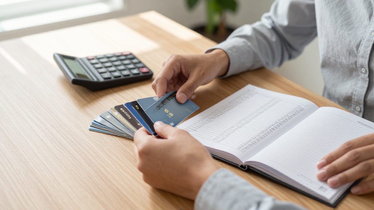 Manos organizando tarjetas de crédito, una calculadora y un planificador financiero con anotaciones sobre un escritorio de madera.