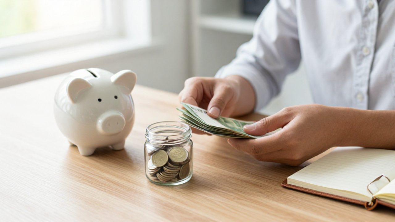 Manos organizando billetes junto a una alcancía y un frasco con monedas sobre un escritorio de madera.