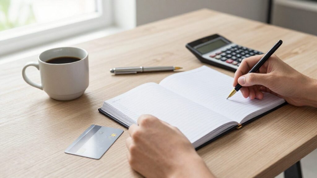 Manos organizando una agenda financiera, una calculadora y una tarjeta de crédito sobre un escritorio de madera.
