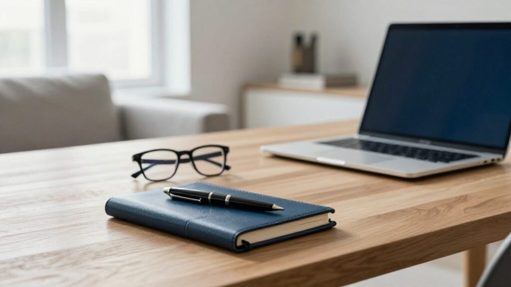Escritorio de oficina moderno y luminoso con un portátil, un cuaderno de cuero y una pluma, evocando un ambiente de planificación y orden financiero.