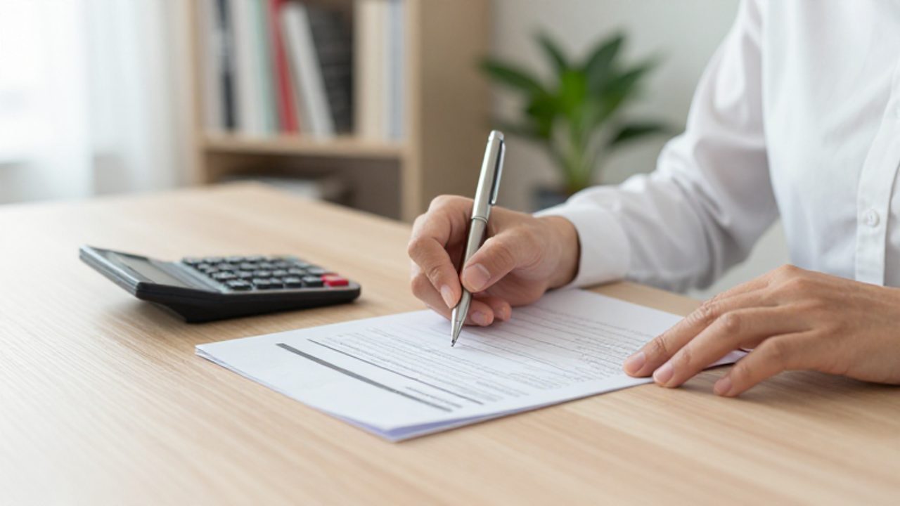 Manos de una persona revisando documentos financieros y anotando con un bolígrafo sobre un extracto de préstamo junto a una calculadora en un escritorio.