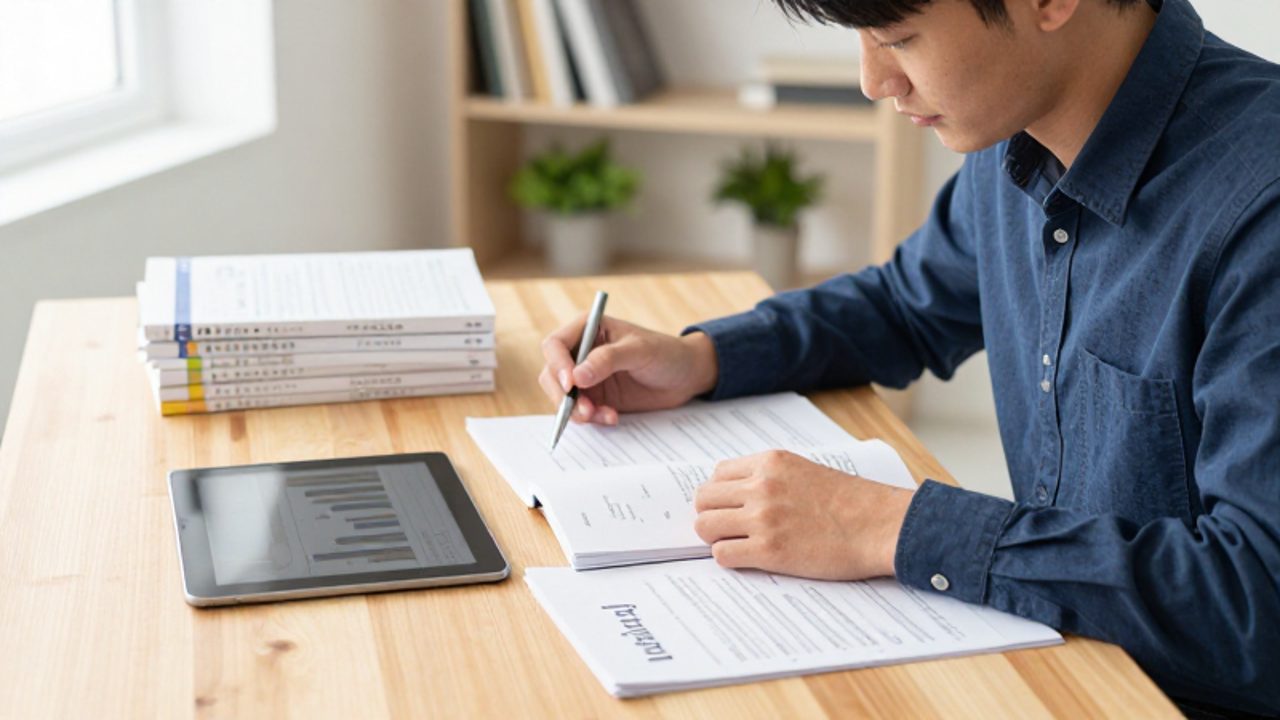 Un estudiante revisa con atención documentos universitarios y gráficos financieros en su escritorio.