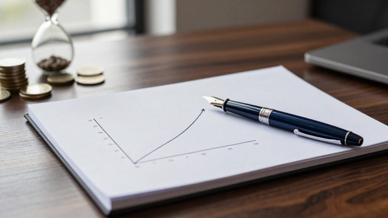 Gráfico con una curva ascendente dibujado a mano en un cuaderno financiero sobre un escritorio de madera, junto a una pluma y un reloj de arena.