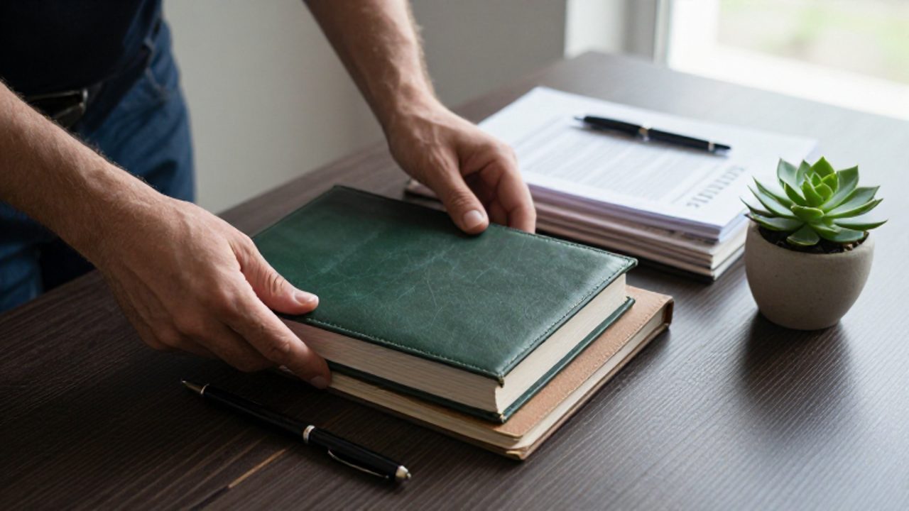 Manos organizando cuadernos contables y plumas sobre un escritorio de madera, evocando disciplina y planificación financiera.