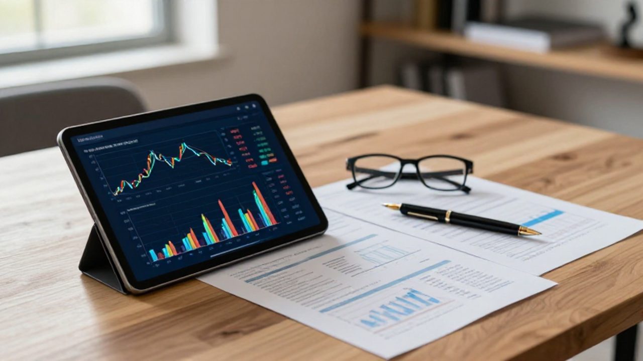 Un escritorio de trabajo con una tableta que muestra gráficos de barras de colores y un informe financiero impreso sobre una mesa de madera.