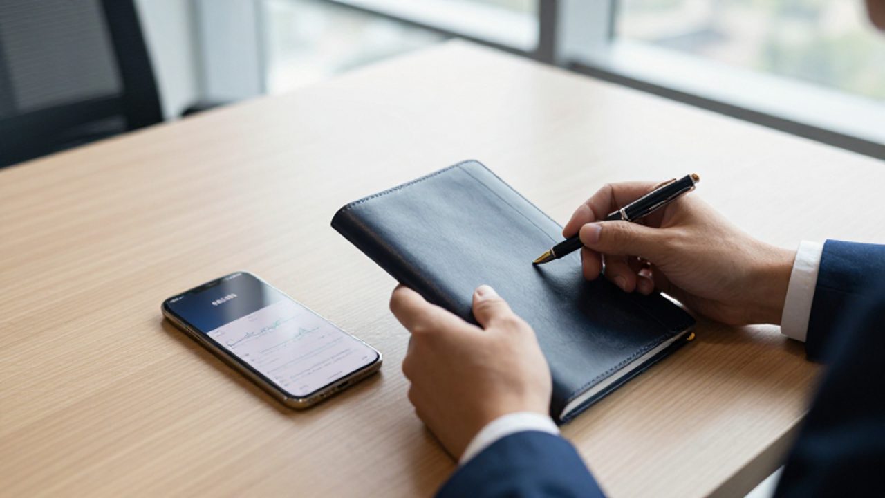 Manos de un analista tomando notas en un cuaderno sobre un escritorio de madera, junto a un smartphone con gráficos bursicos en una oficina moderna.