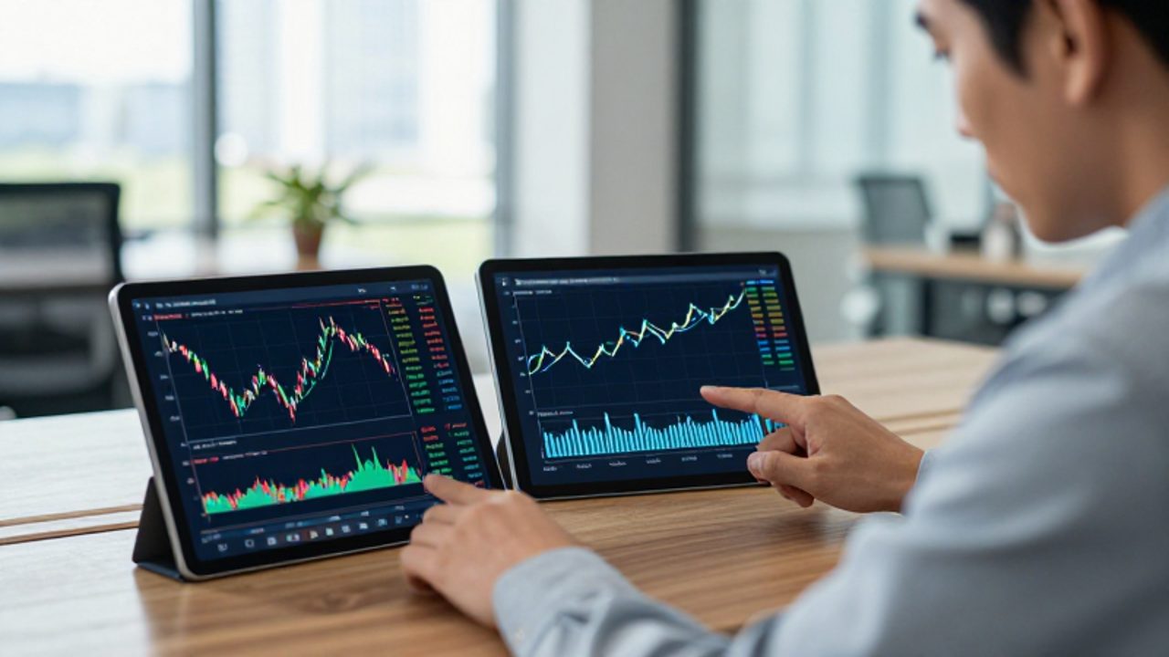 Analista financiero comparando en dos tabletas un gráfico de velas de movimientos rápidos frente a una línea de crecimiento constante de un índice.