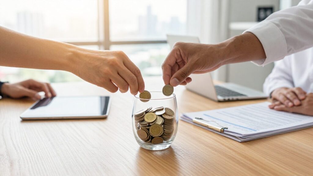 Varias manos depositan monedas de oro y plata en un recipiente de cristal sobre un escritorio de oficina, simbolizando la agrupación de capital.