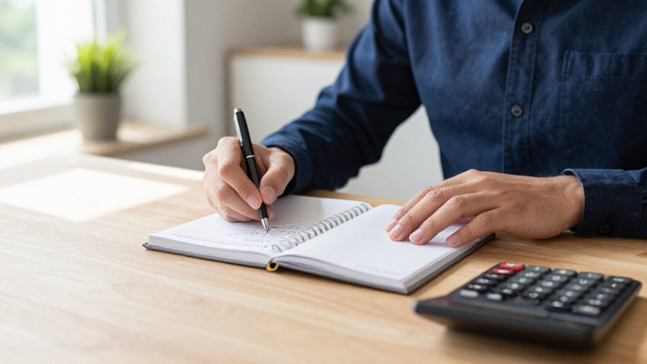Manos de una persona revisando un cuaderno de cuentas y una calculadora sobre un escritorio ordenado en una oficina luminosa.