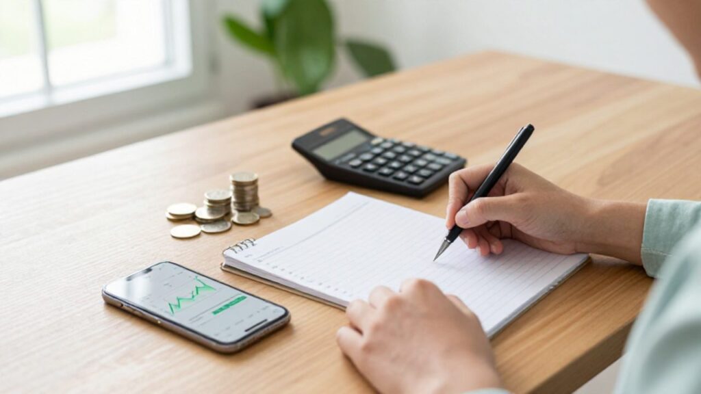 Manos anotando cifras en una agenda junto a una calculadora, monedas y un smartphone con gráficos financieros sobre un escritorio despejado.