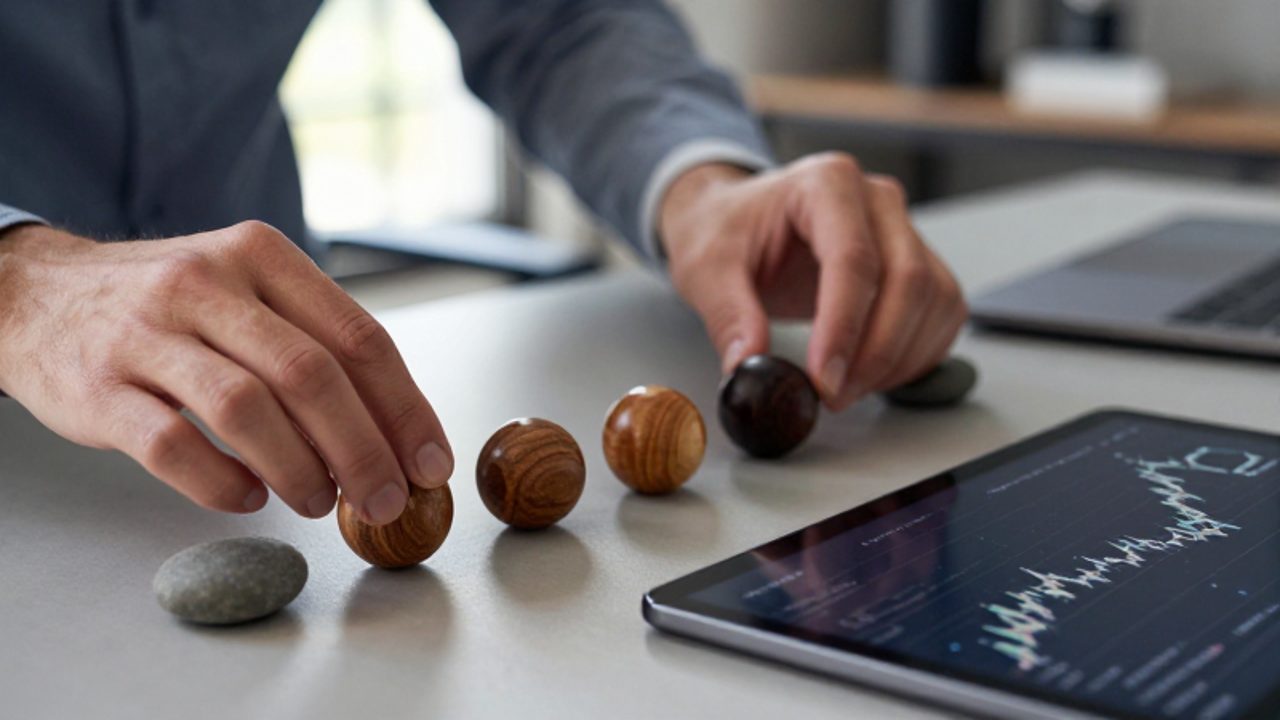 Manos que reordenan esferas de madera y piedras sobre un escritorio junto a una tableta con gráficos lineales, simbolizando la recalibración de activos financieros.