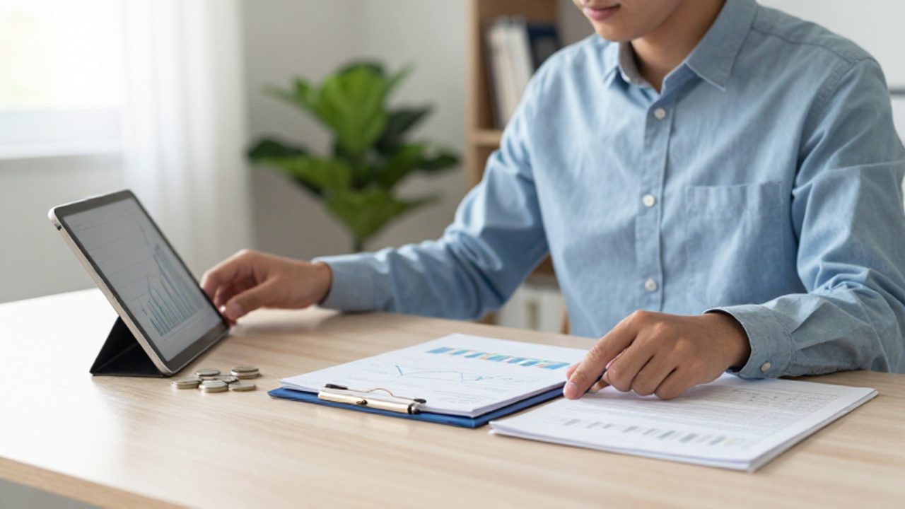 Un profesional revisa documentos financieros y gráficos de crecimiento en una tablet sobre su escritorio para organizar su cartera de inversión.
