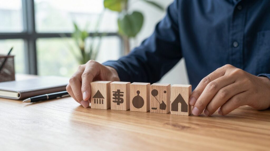 Manos organizando bloques geométricos sobre un escritorio de madera para representar el reequilibrio de una cartera de inversión.