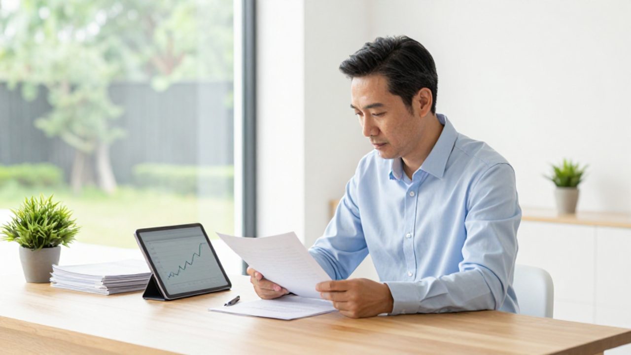 Un hombre revisa documentos y una tableta con un gráfico de crecimiento financiero en una oficina luminosa y ordenada.