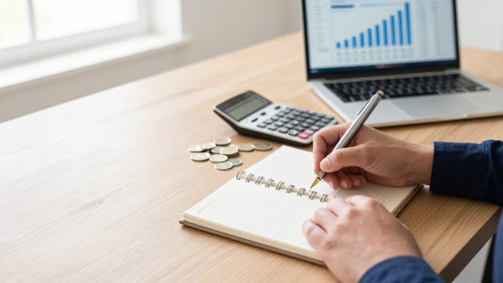 Manos organizando finanzas en un escritorio con un cuaderno, una calculadora, monedas y un ordenador con gráficos de crecimiento.