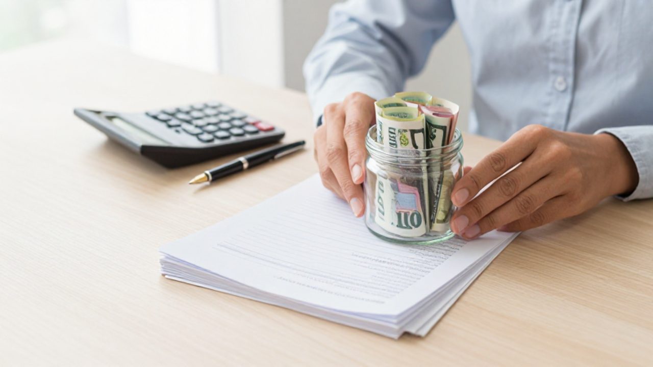 Manos organizando un escritorio ordenado con documentos, una calculadora y un frasco de vidrio lleno de billetes que simboliza un fondo de ahorros.