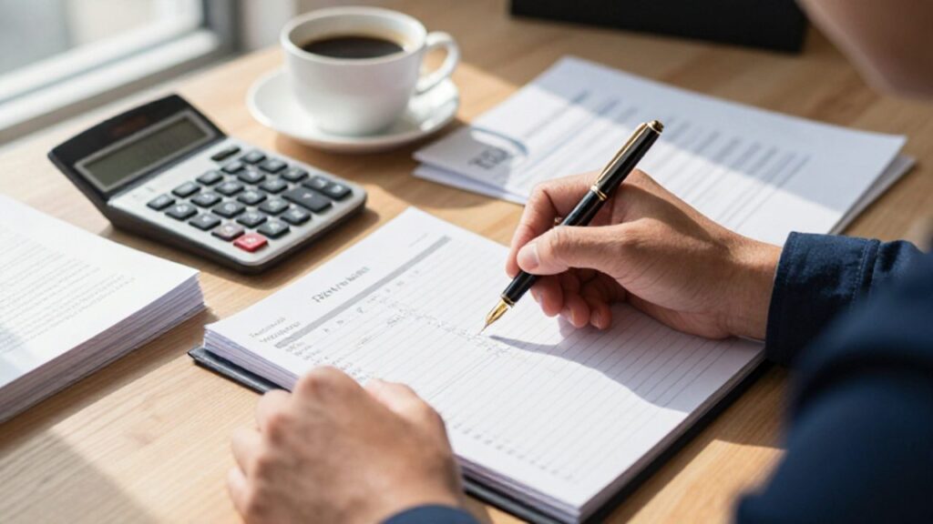 Manos de una persona escribiendo una lista de deudas en una agenda junto a una calculadora y documentos financieros sobre un escritorio organizado.
