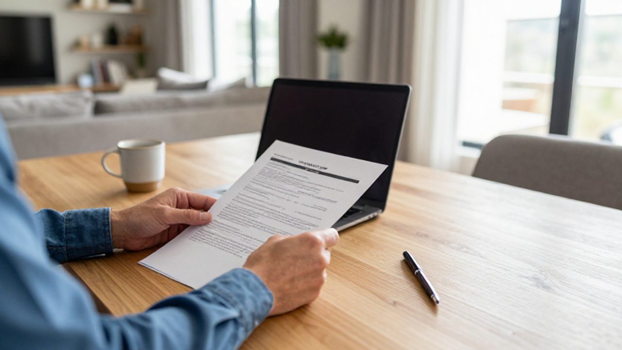 Una persona revisa con calma los documentos de una póliza de seguros sobre la mesa de un salón luminoso y acogedor.