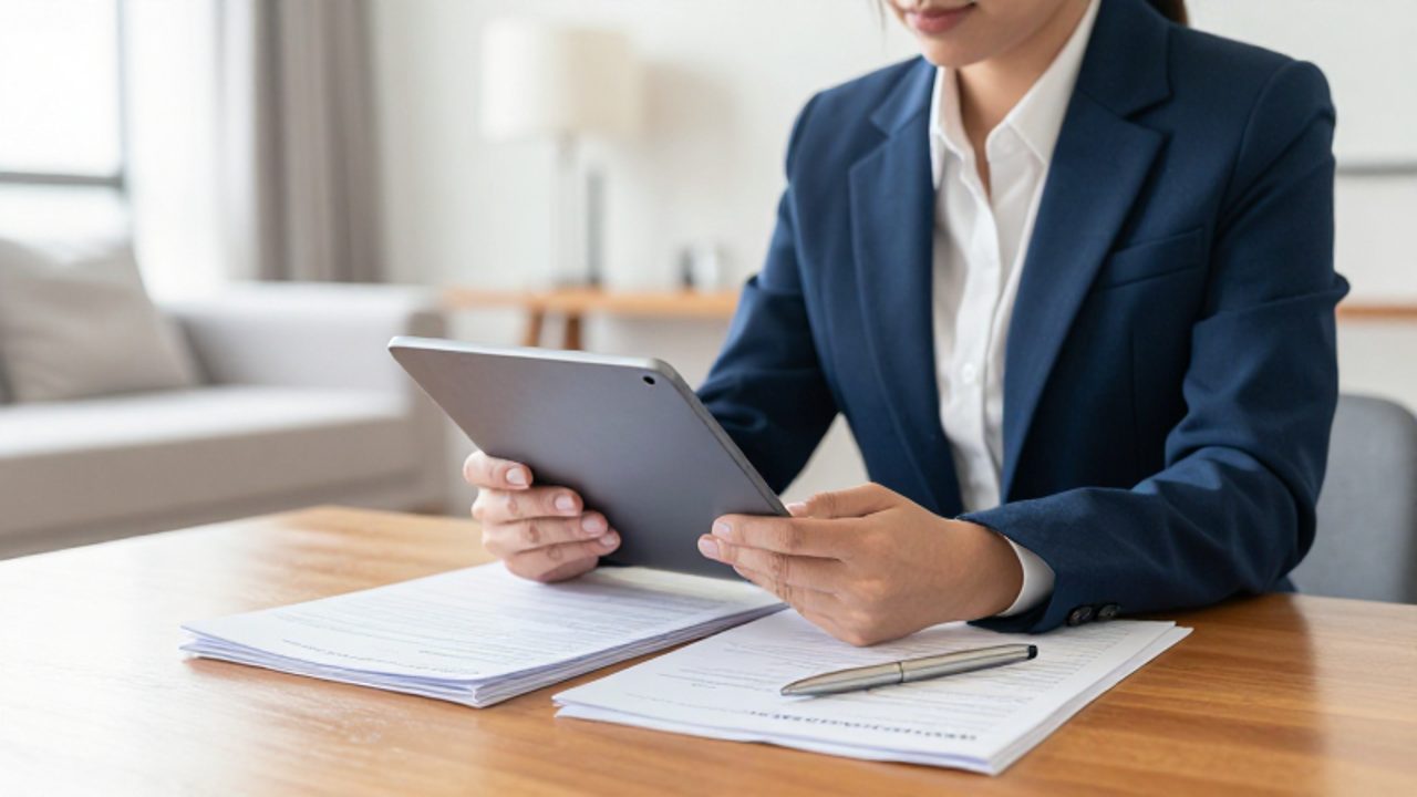 Un perito de seguros revisa documentos y una tableta digital en el salón de una vivienda moderna y luminosa.