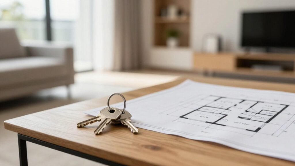 Unas llaves metálicas sobre una mesa de madera junto a un plano arquitectónico en una sala de estar luminosa y moderna.