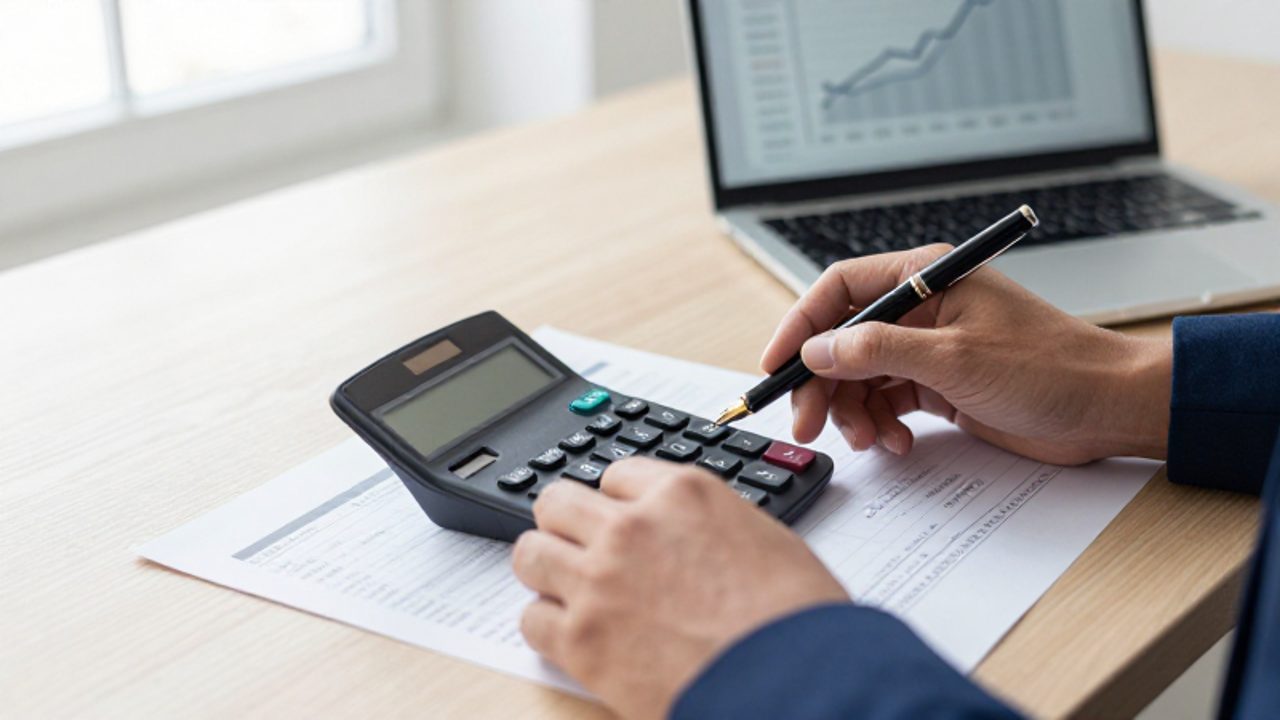 Manos analizando informes financieros con una calculadora y un bolígrafo sobre un escritorio de madera.
