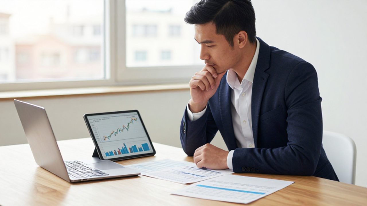 Un inversor analiza con atención dos informes financieros comparativos sobre un escritorio con un portátil y una tableta con gráficos.