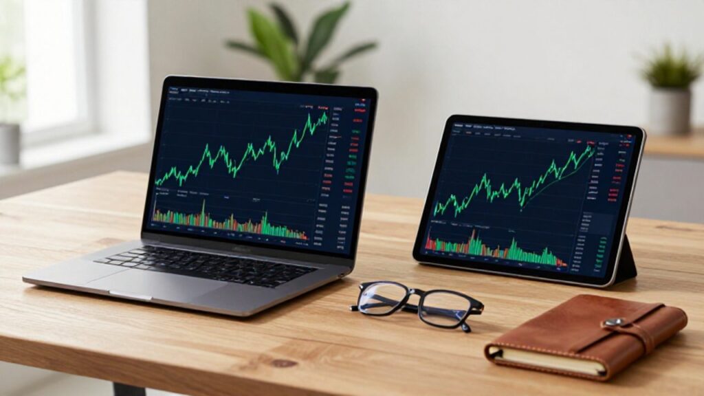 Laptop y tableta sobre un escritorio de madera mostrando gráficos financieros de crecimiento con velas japonesas y líneas ascendentes.