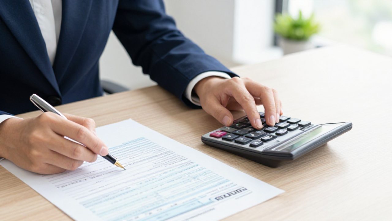 Manos de una persona calculando deducciones con una calculadora y bolígrafo sobre documentos fiscales y formularios de impuestos en un escritorio.