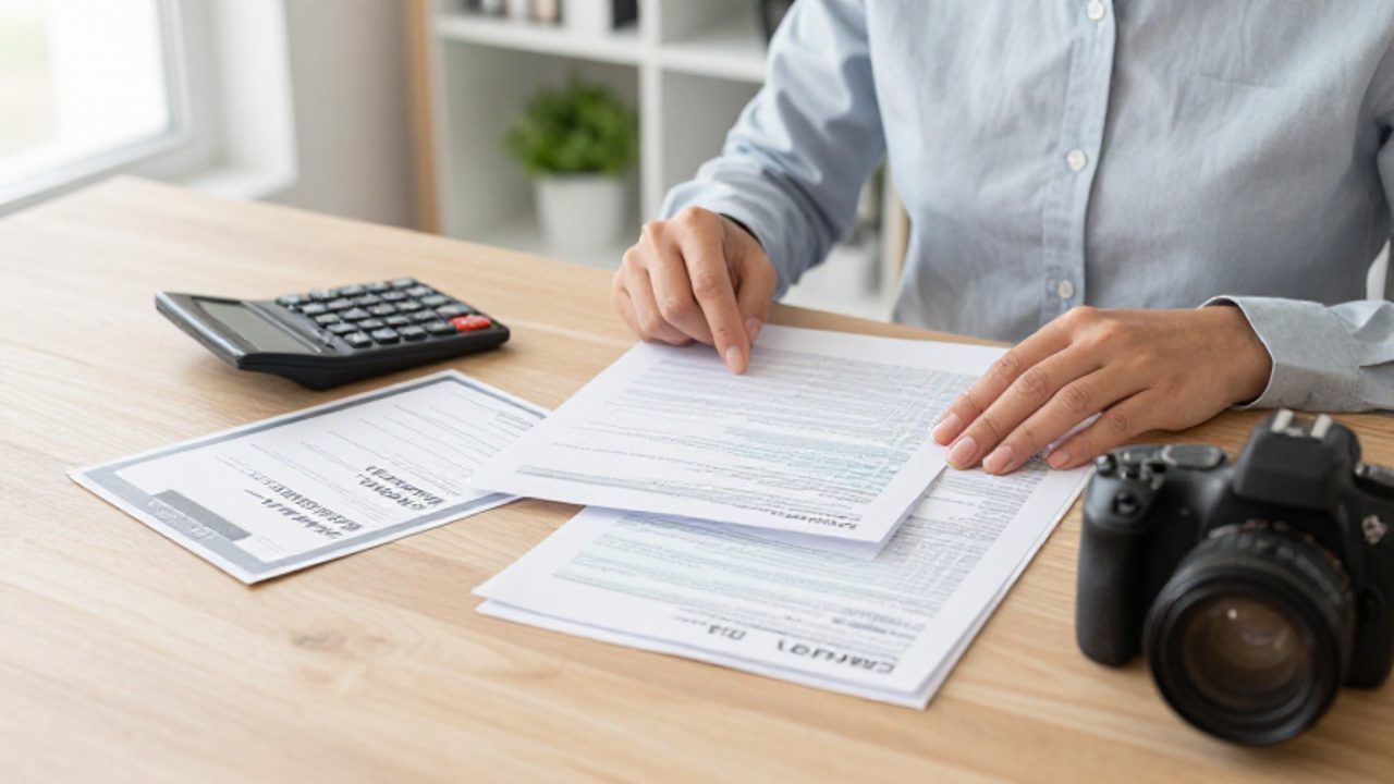 Manos organizando documentos fiscales y un certificado de donación sobre un escritorio junto a una calculadora.