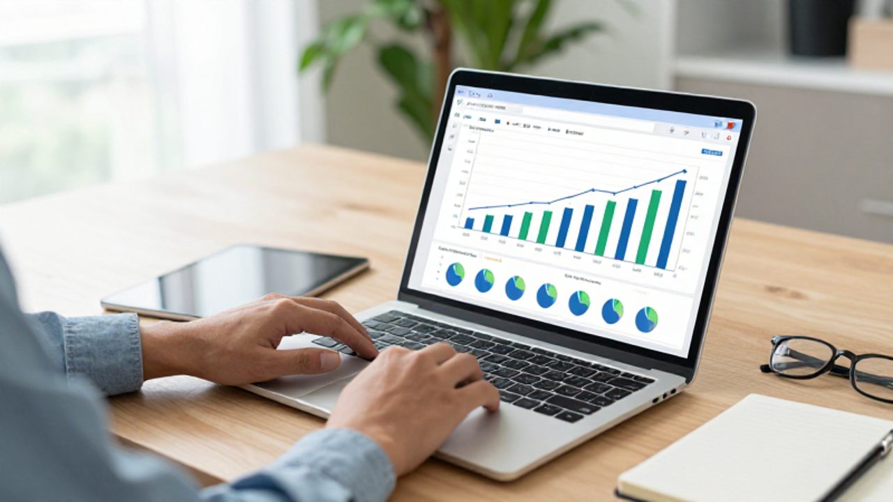 Manos de una persona interactuando con un ordenador y una tablet que muestran gráficos de crecimiento financiero y fondos indexados en un escritorio de oficina.