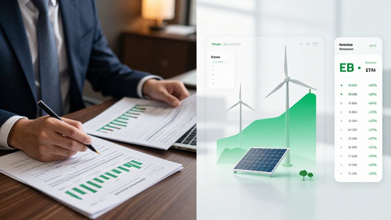 Comparativa visual dividida entre un gestor de fondos analizando informes financieros en una oficina y una interfaz digital moderna que muestra un ETF de energías renovables.