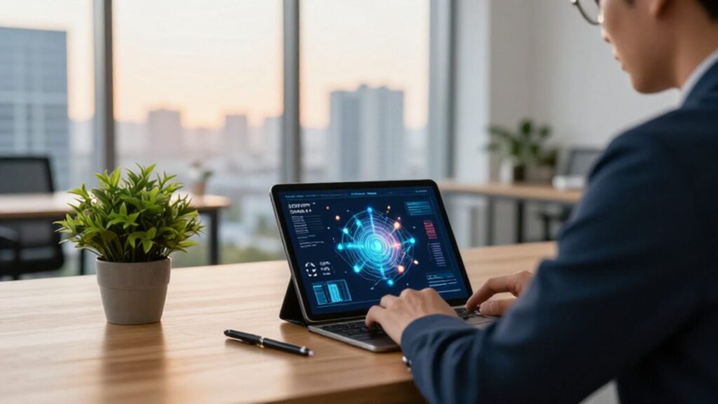Tablet sobre un escritorio de oficina que muestra una visualización de datos en 3D sobre energías renovables e inteligencia artificial.