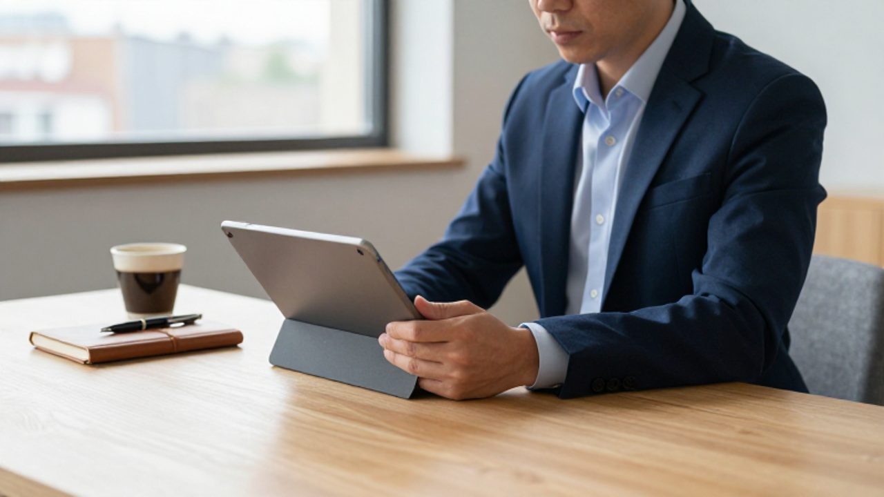 Inversionista analizando datos financieros en una tableta sobre un escritorio ordenado en una oficina luminosa.