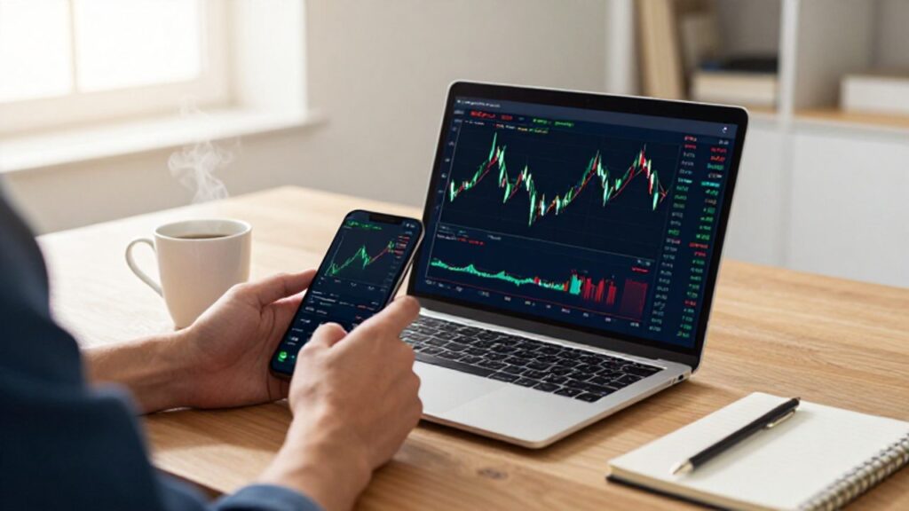 Persona analizando gráficos de velas financieras y datos de inversión en un portátil y un smartphone sobre un escritorio de madera.