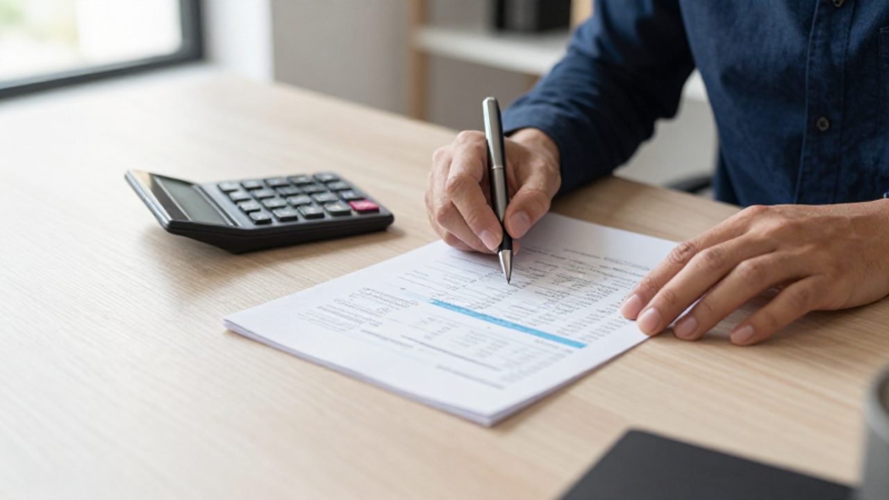 Manos organizando documentos financieros, una calculadora y un bolígrafo sobre un escritorio de madera.