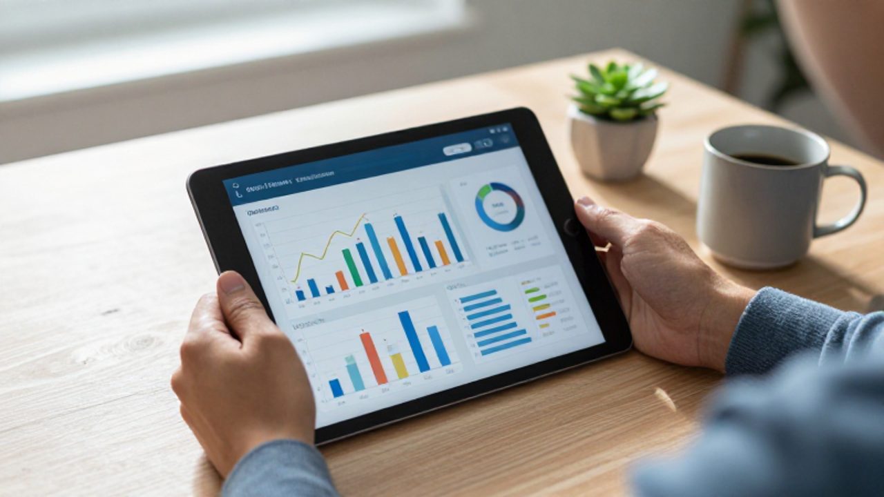 Manos de una persona interactuando con gráficos de reducción de deuda y proyecciones de intereses en una tableta sobre un escritorio de oficina.