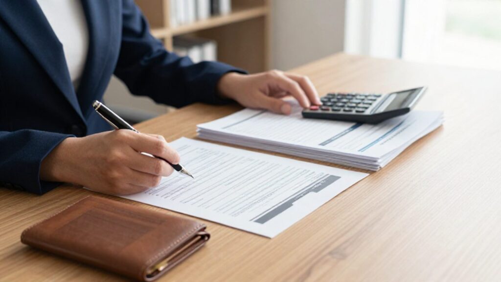 Manos organizando documentos financieros, una calculadora y un formulario de declaración de la renta sobre un escritorio de madera.