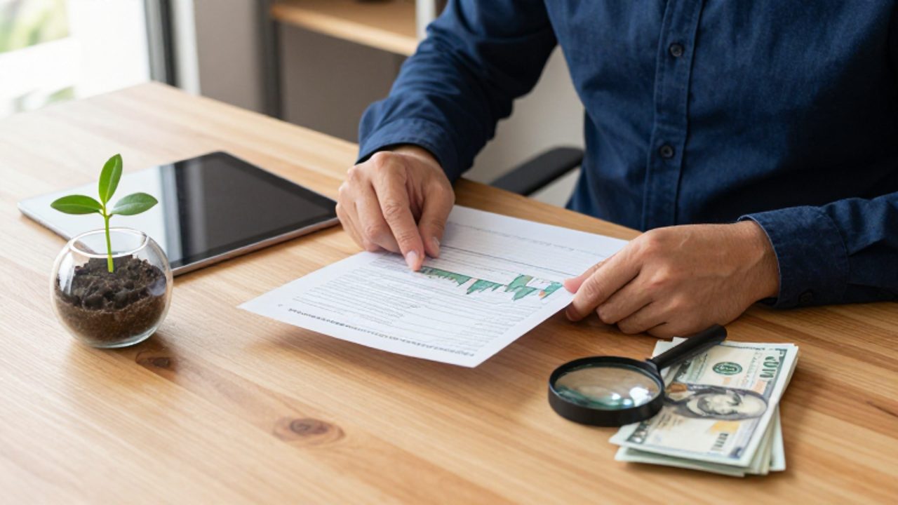Manos analizando un informe financiero y una tableta junto a un pequeño brote verde en un terrario, simbolizando el equilibrio entre la rentabilidad y la sostenibilidad.
