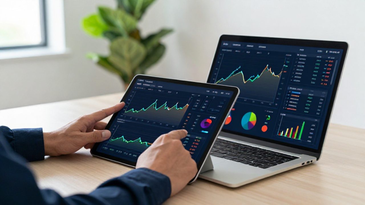 Manos de un profesional interactuando con gráficos financieros y diagramas de datos en la pantalla de una tableta y un portátil sobre un escritorio.