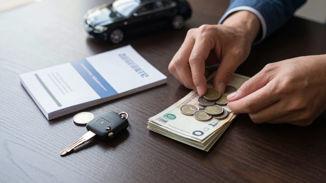 Manos organizando monedas y billetes junto a las llaves de un coche y el manual del vehículo sobre un escritorio de madera.