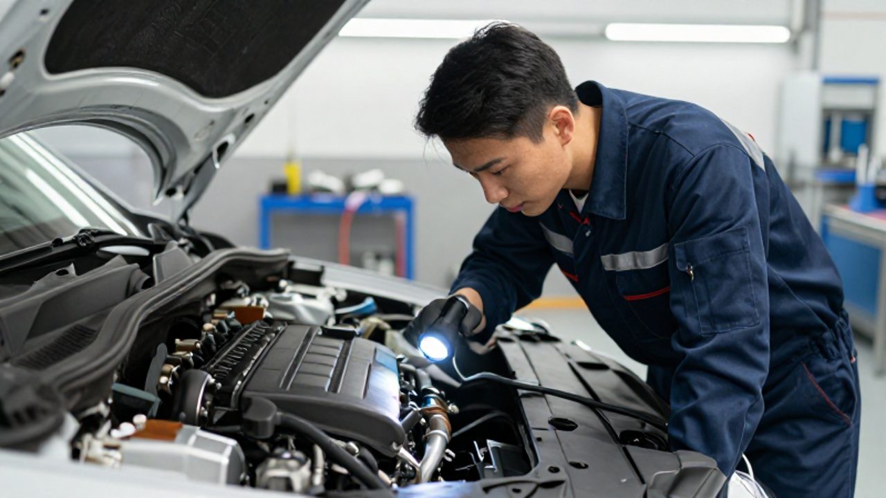 Un mecánico inspecciona con una linterna el motor de un coche moderno en un taller especializado.